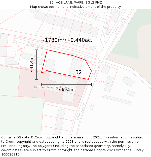 32, HOE LANE, WARE, SG12 9NZ: Plot and title map