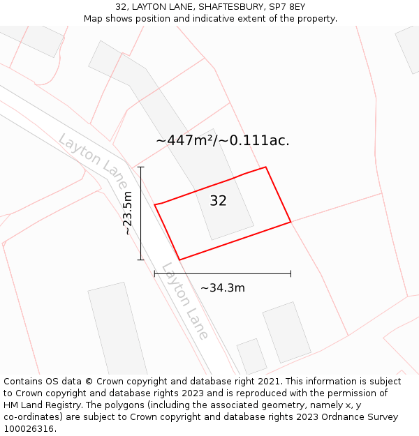 32, LAYTON LANE, SHAFTESBURY, SP7 8EY: Plot and title map