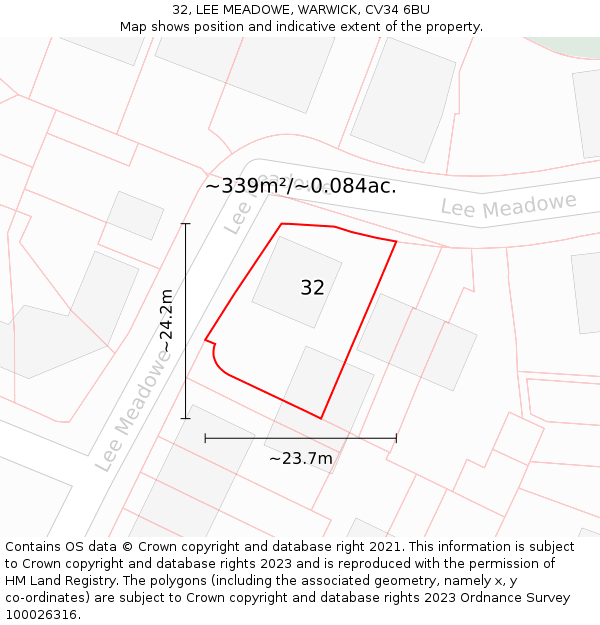 32, LEE MEADOWE, WARWICK, CV34 6BU: Plot and title map
