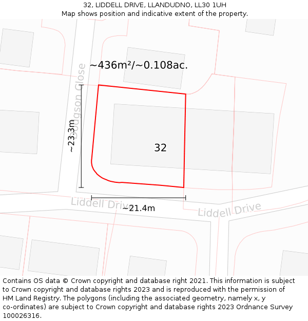 32, LIDDELL DRIVE, LLANDUDNO, LL30 1UH: Plot and title map