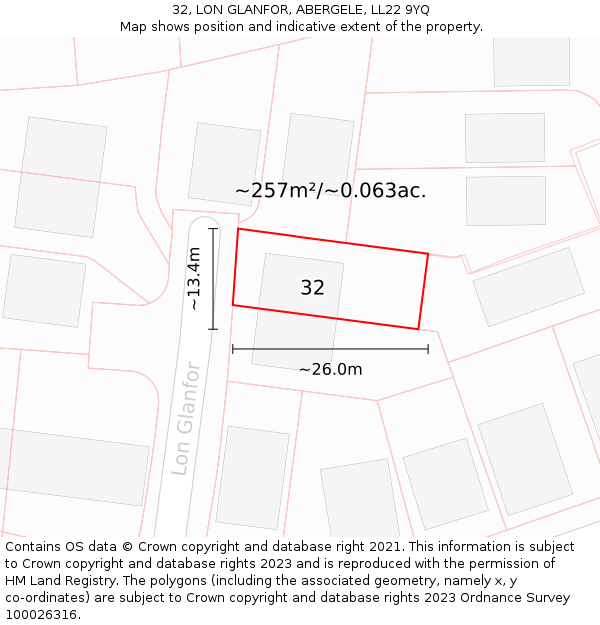 32, LON GLANFOR, ABERGELE, LL22 9YQ: Plot and title map