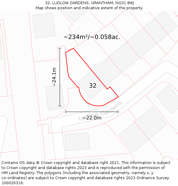 32, LUDLOW GARDENS, GRANTHAM, NG31 8WJ: Plot and title map