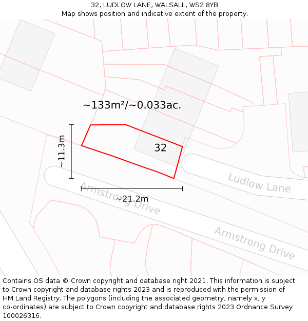 32, LUDLOW LANE, WALSALL, WS2 8YB: Plot and title map