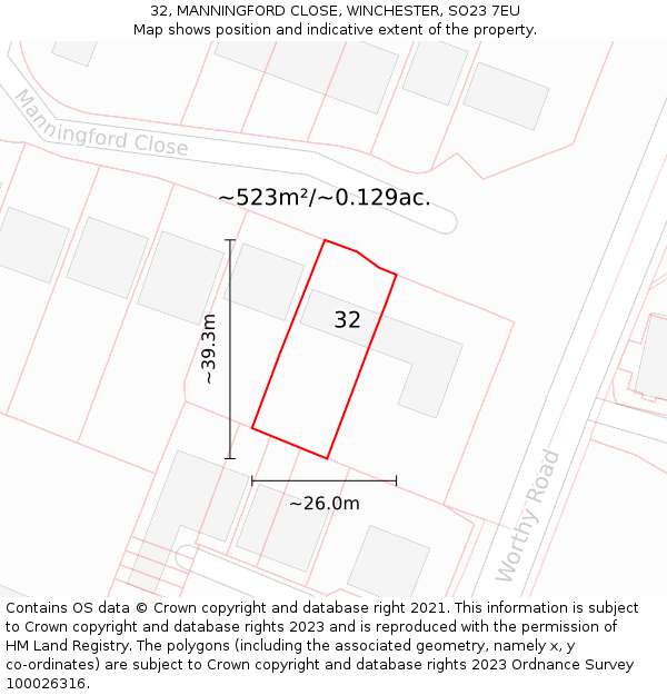 32, MANNINGFORD CLOSE, WINCHESTER, SO23 7EU: Plot and title map