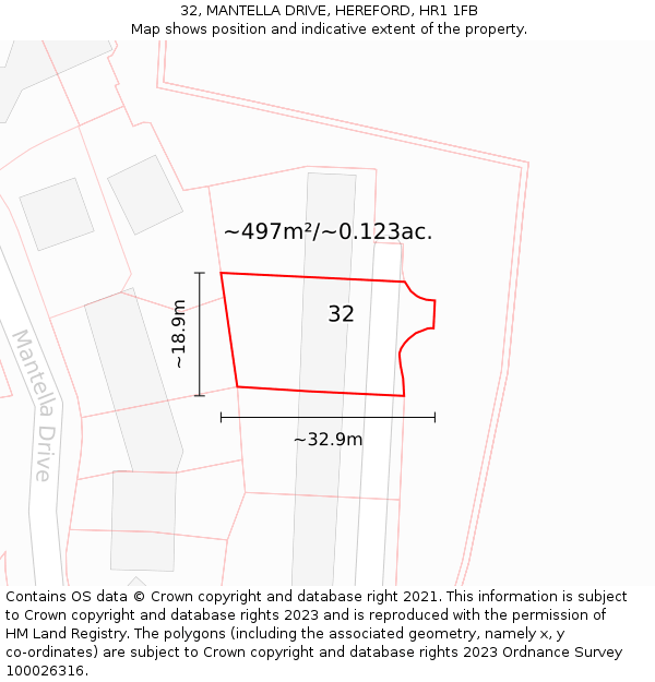 32, MANTELLA DRIVE, HEREFORD, HR1 1FB: Plot and title map