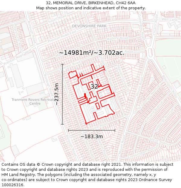 32, MEMORIAL DRIVE, BIRKENHEAD, CH42 6AA: Plot and title map