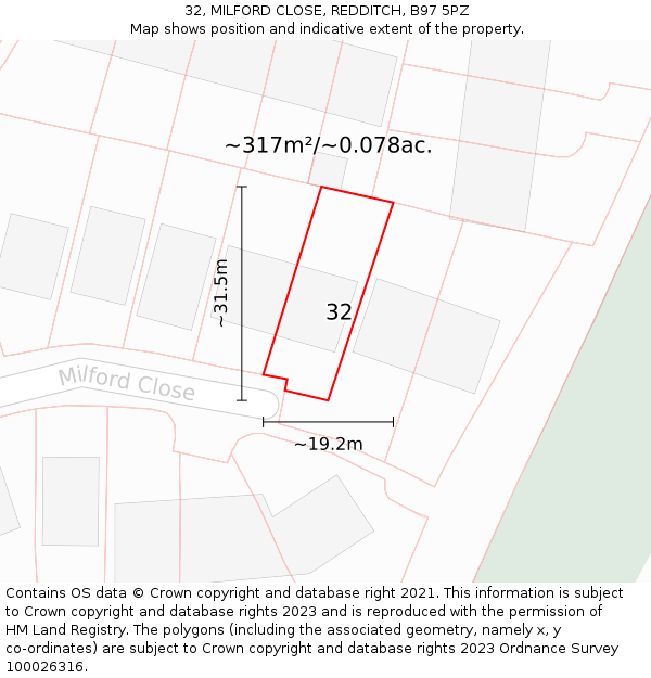 32, MILFORD CLOSE, REDDITCH, B97 5PZ: Plot and title map