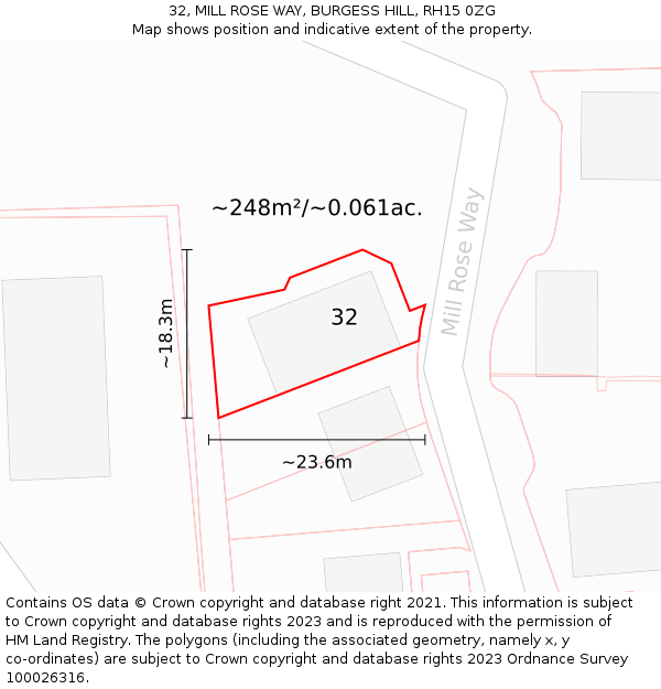 32, MILL ROSE WAY, BURGESS HILL, RH15 0ZG: Plot and title map