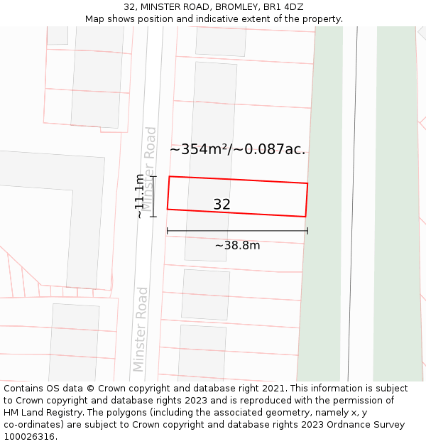 32, MINSTER ROAD, BROMLEY, BR1 4DZ: Plot and title map