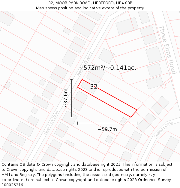 32, MOOR PARK ROAD, HEREFORD, HR4 0RR: Plot and title map