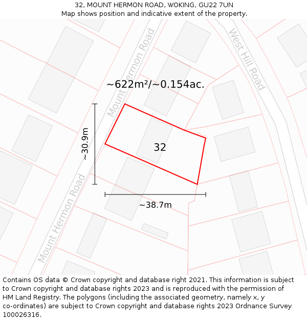 32, MOUNT HERMON ROAD, WOKING, GU22 7UN: Plot and title map