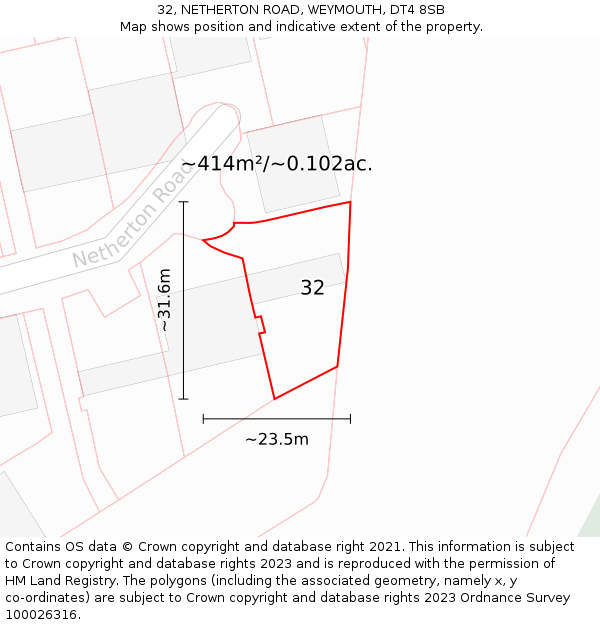 32, NETHERTON ROAD, WEYMOUTH, DT4 8SB: Plot and title map