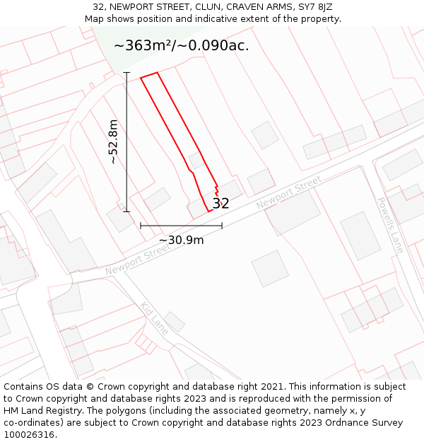 32, NEWPORT STREET, CLUN, CRAVEN ARMS, SY7 8JZ: Plot and title map