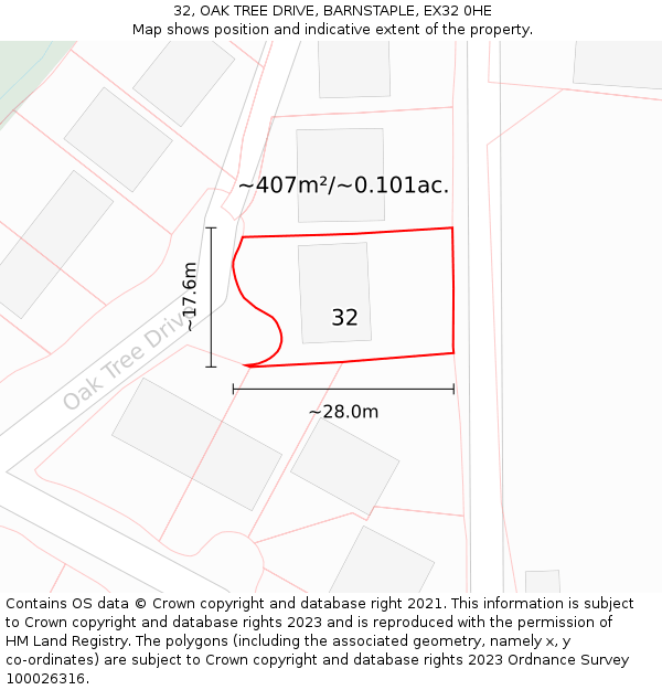 32, OAK TREE DRIVE, BARNSTAPLE, EX32 0HE: Plot and title map