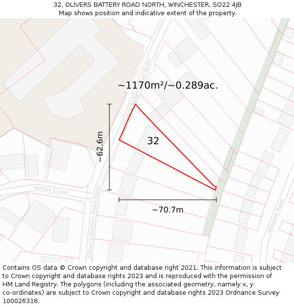 32, OLIVERS BATTERY ROAD NORTH, WINCHESTER, SO22 4JB: Plot and title map