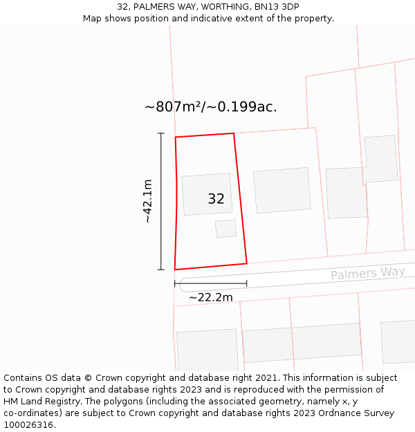 32, PALMERS WAY, WORTHING, BN13 3DP: Plot and title map