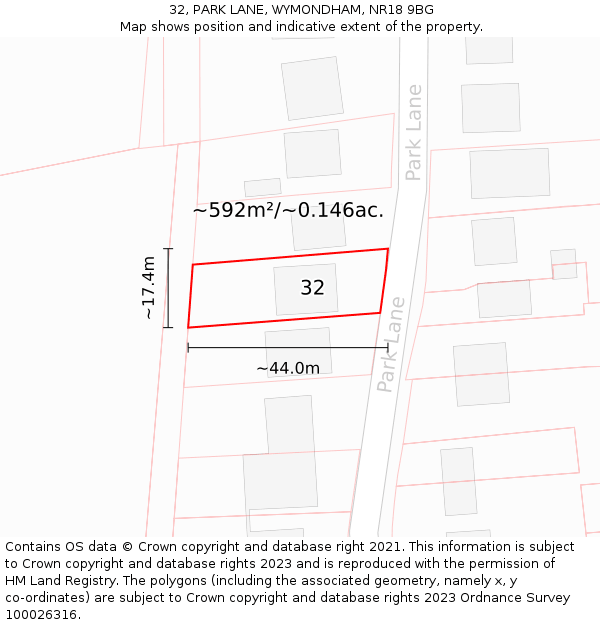32, PARK LANE, WYMONDHAM, NR18 9BG: Plot and title map