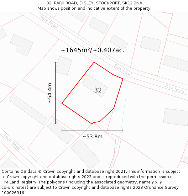 32, PARK ROAD, DISLEY, STOCKPORT, SK12 2NA: Plot and title map