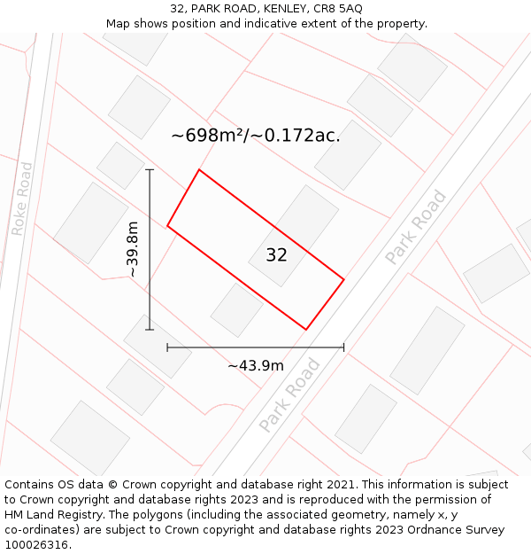 32, PARK ROAD, KENLEY, CR8 5AQ: Plot and title map