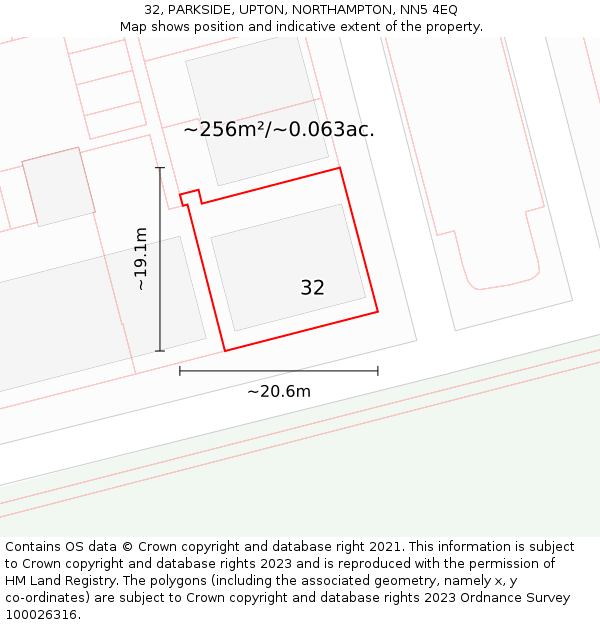 32, PARKSIDE, UPTON, NORTHAMPTON, NN5 4EQ: Plot and title map