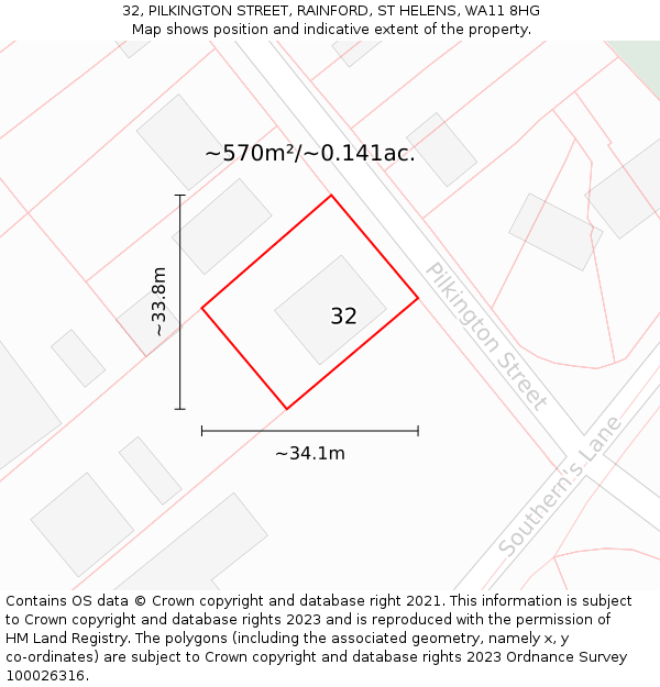 32, PILKINGTON STREET, RAINFORD, ST HELENS, WA11 8HG: Plot and title map
