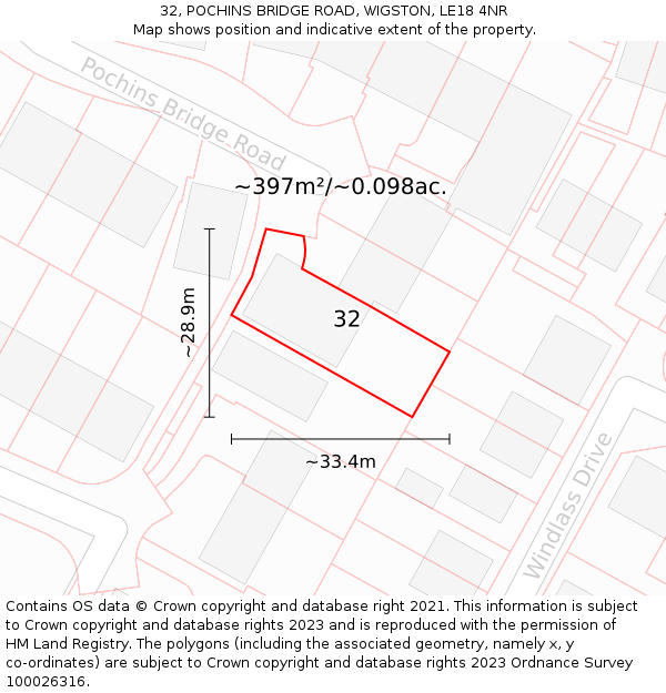 32, POCHINS BRIDGE ROAD, WIGSTON, LE18 4NR: Plot and title map