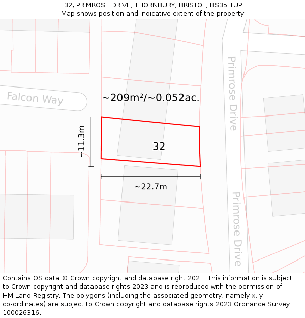 32, PRIMROSE DRIVE, THORNBURY, BRISTOL, BS35 1UP: Plot and title map