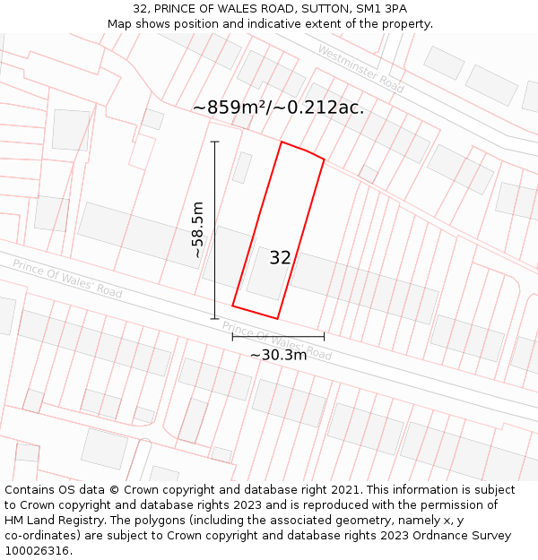 32, PRINCE OF WALES ROAD, SUTTON, SM1 3PA: Plot and title map