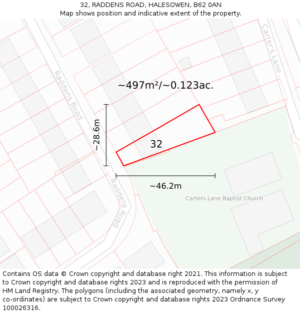 32, RADDENS ROAD, HALESOWEN, B62 0AN: Plot and title map