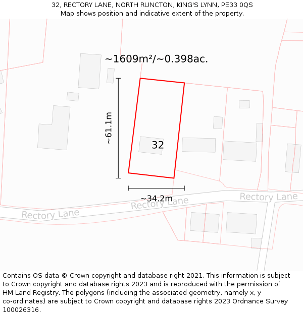 32, RECTORY LANE, NORTH RUNCTON, KING'S LYNN, PE33 0QS: Plot and title map