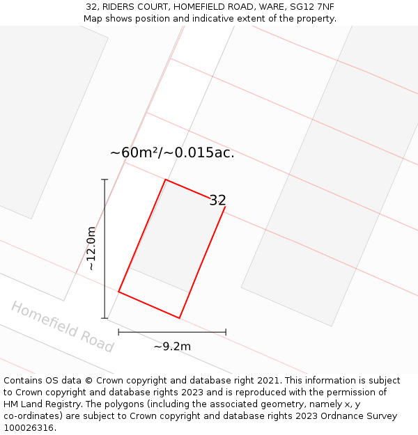 32, RIDERS COURT, HOMEFIELD ROAD, WARE, SG12 7NF: Plot and title map