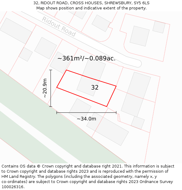 32, RIDOUT ROAD, CROSS HOUSES, SHREWSBURY, SY5 6LS: Plot and title map