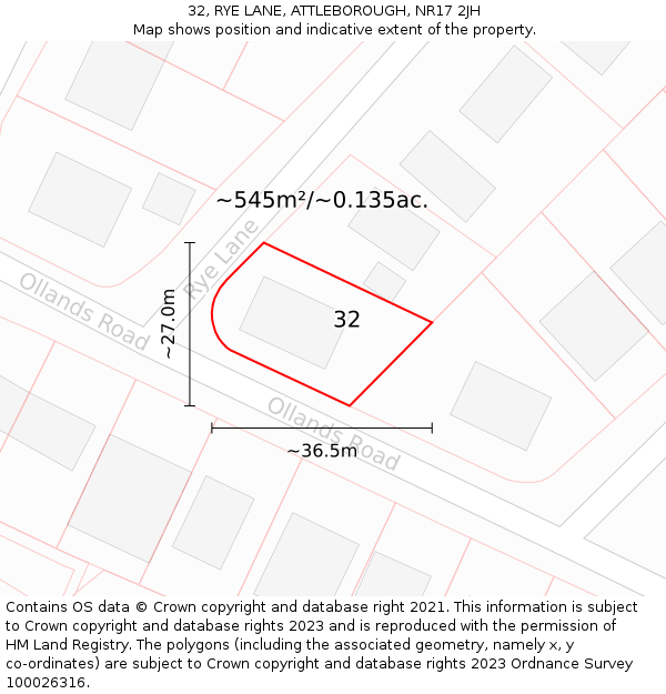 32, RYE LANE, ATTLEBOROUGH, NR17 2JH: Plot and title map