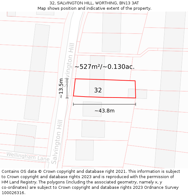 32, SALVINGTON HILL, WORTHING, BN13 3AT: Plot and title map