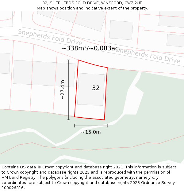 32, SHEPHERDS FOLD DRIVE, WINSFORD, CW7 2UE: Plot and title map