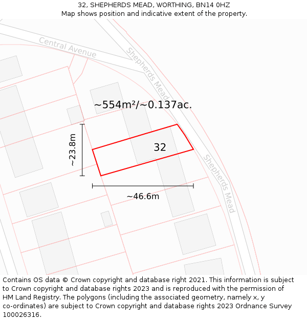 32, SHEPHERDS MEAD, WORTHING, BN14 0HZ: Plot and title map