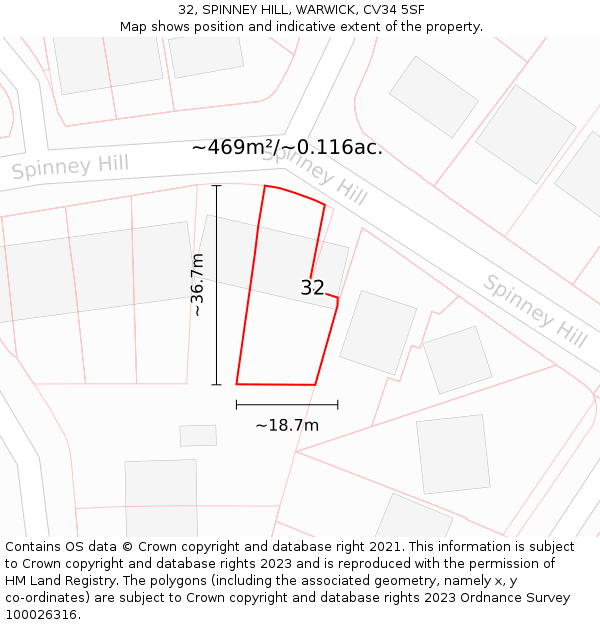 32, SPINNEY HILL, WARWICK, CV34 5SF: Plot and title map