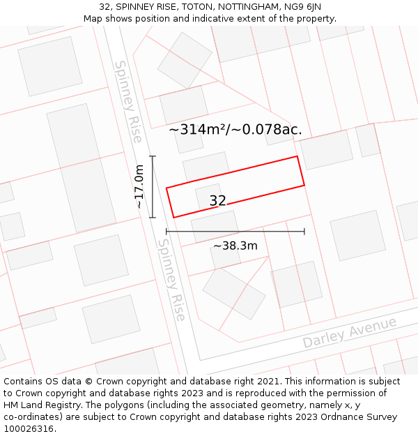 32, SPINNEY RISE, TOTON, NOTTINGHAM, NG9 6JN: Plot and title map