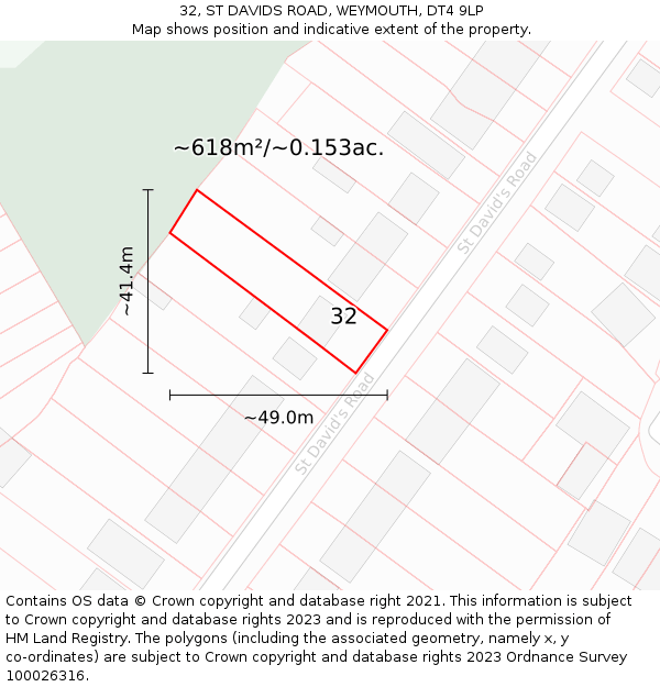 32, ST DAVIDS ROAD, WEYMOUTH, DT4 9LP: Plot and title map