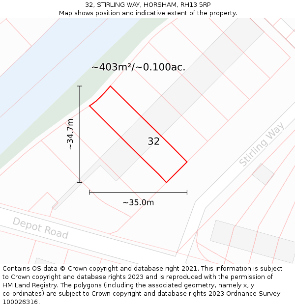 32, STIRLING WAY, HORSHAM, RH13 5RP: Plot and title map