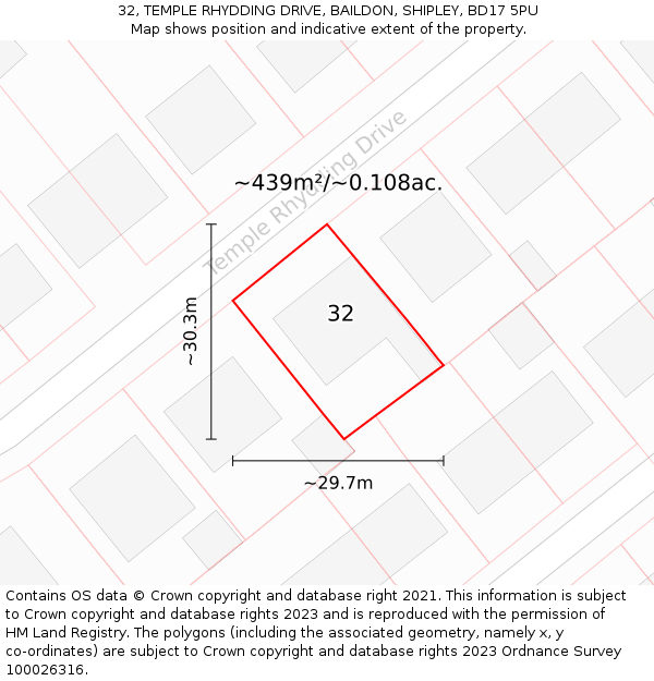 32, TEMPLE RHYDDING DRIVE, BAILDON, SHIPLEY, BD17 5PU: Plot and title map