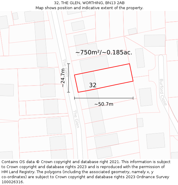 32, THE GLEN, WORTHING, BN13 2AB: Plot and title map