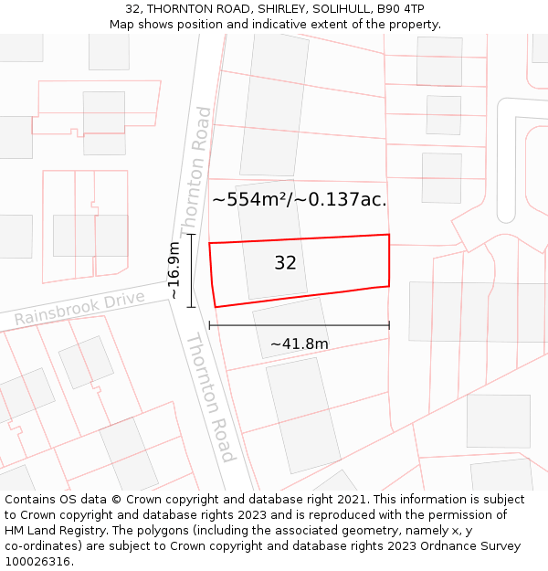 32, THORNTON ROAD, SHIRLEY, SOLIHULL, B90 4TP: Plot and title map