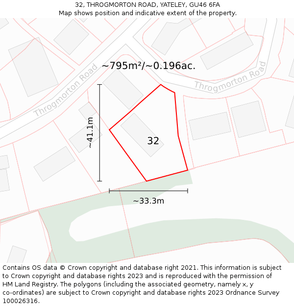 32, THROGMORTON ROAD, YATELEY, GU46 6FA: Plot and title map