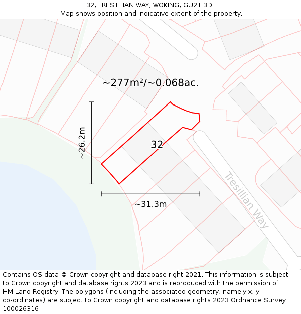 32, TRESILLIAN WAY, WOKING, GU21 3DL: Plot and title map