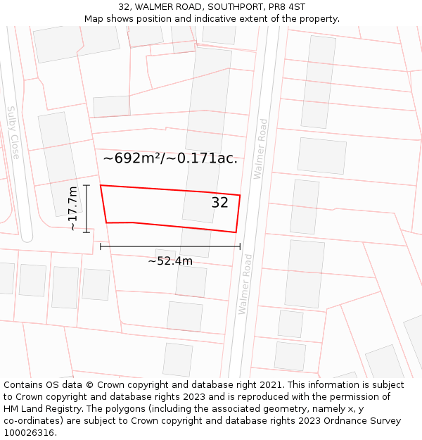 32, WALMER ROAD, SOUTHPORT, PR8 4ST: Plot and title map