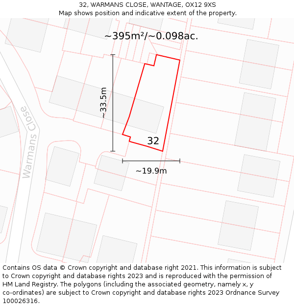 32, WARMANS CLOSE, WANTAGE, OX12 9XS: Plot and title map