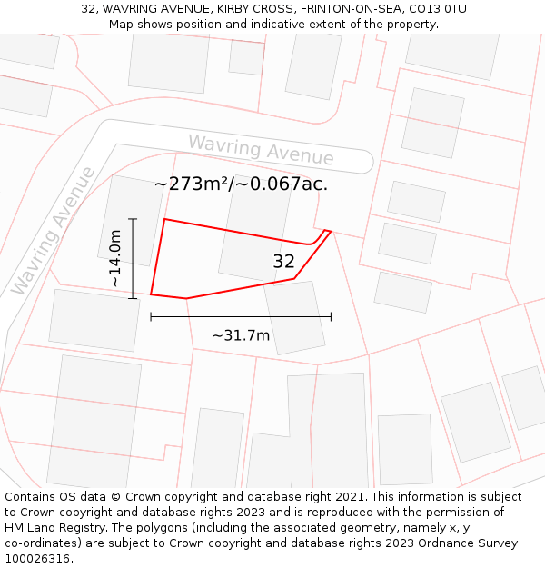 32, WAVRING AVENUE, KIRBY CROSS, FRINTON-ON-SEA, CO13 0TU: Plot and title map