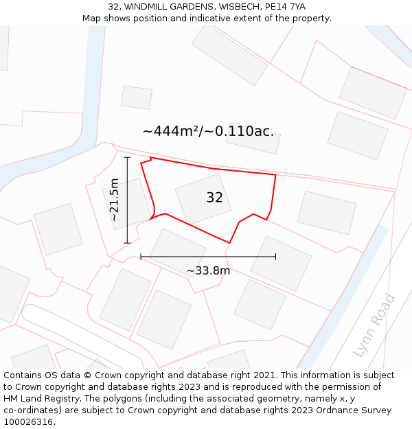 32, WINDMILL GARDENS, WISBECH, PE14 7YA: Plot and title map