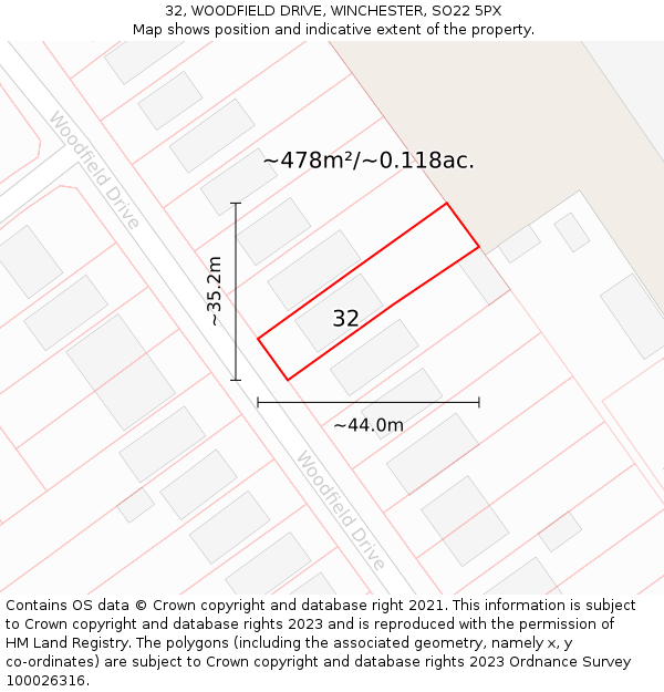 32, WOODFIELD DRIVE, WINCHESTER, SO22 5PX: Plot and title map